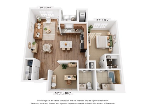 Floor plan for 1 bed, 1 bath, 1009 sqft